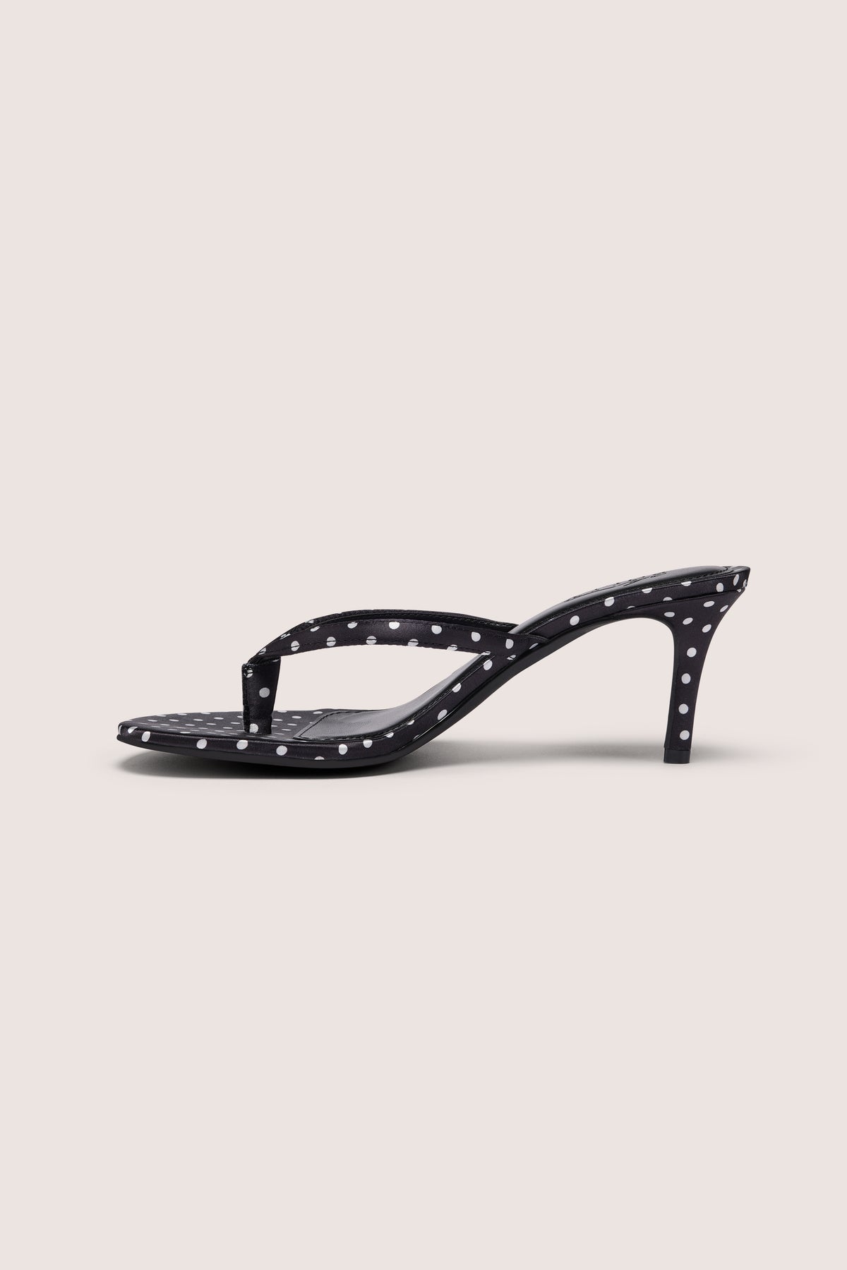 Satin Heeled Thong Sandal in Black Polka Dot