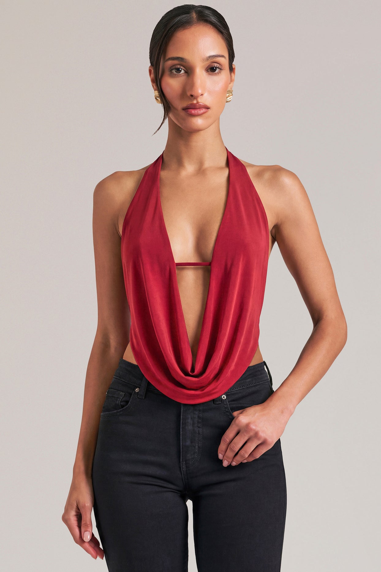 Draped Cowl Top in Cherry Red - 1