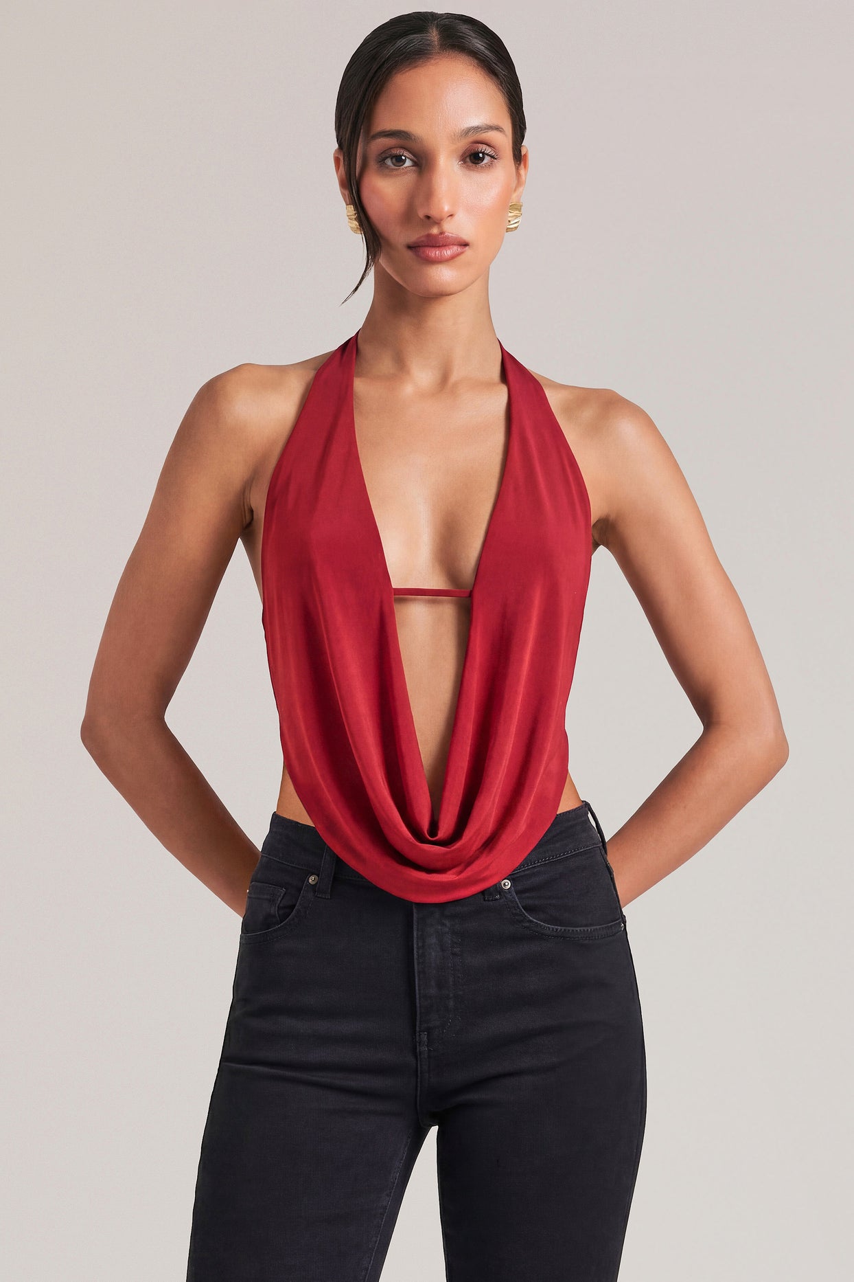 Draped Cowl Top in Cherry Red - 4