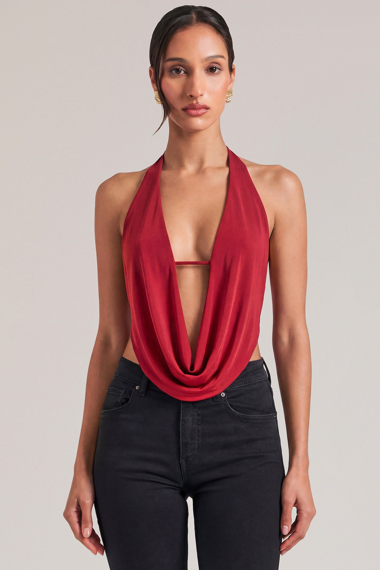 Draped Cowl Top in Cherry Red - 5