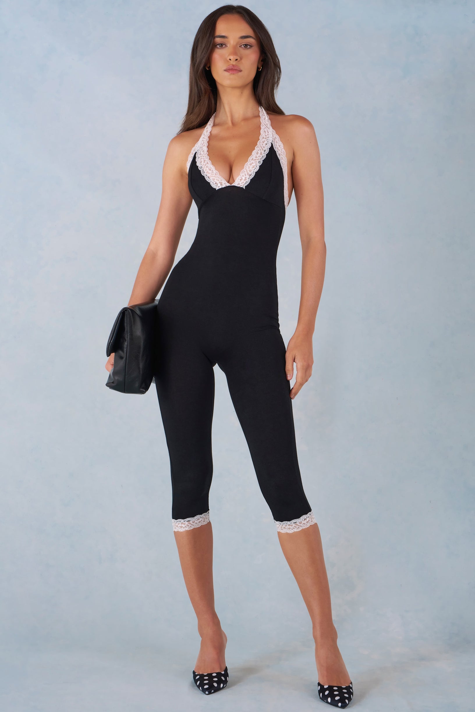 Modal Lace-Trim Capri Jumpsuit  in Black - 1