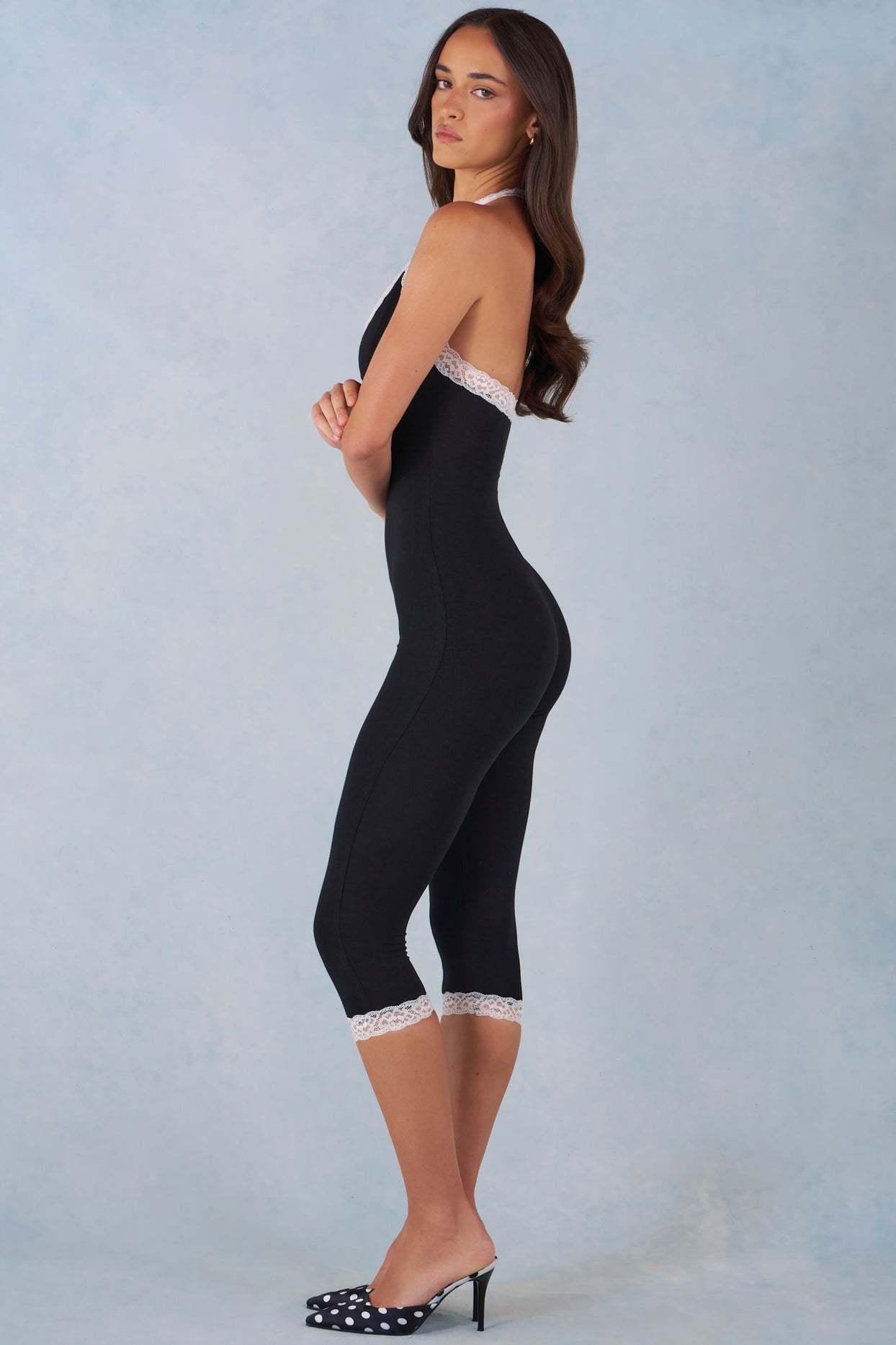 Modal Lace-Trim Capri Jumpsuit  in Black - 4