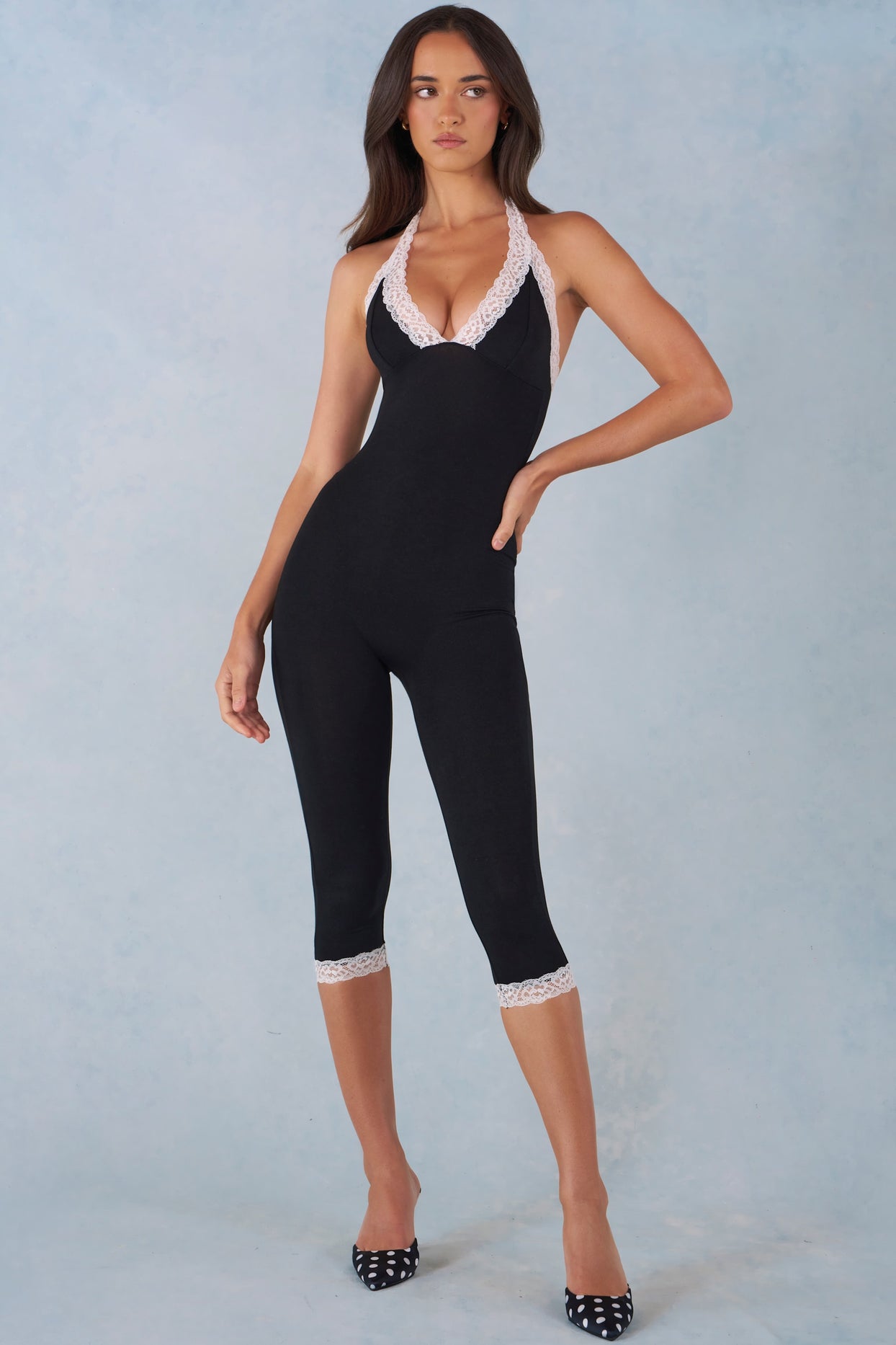 Modal Lace-Trim Capri Jumpsuit  in Black - 8