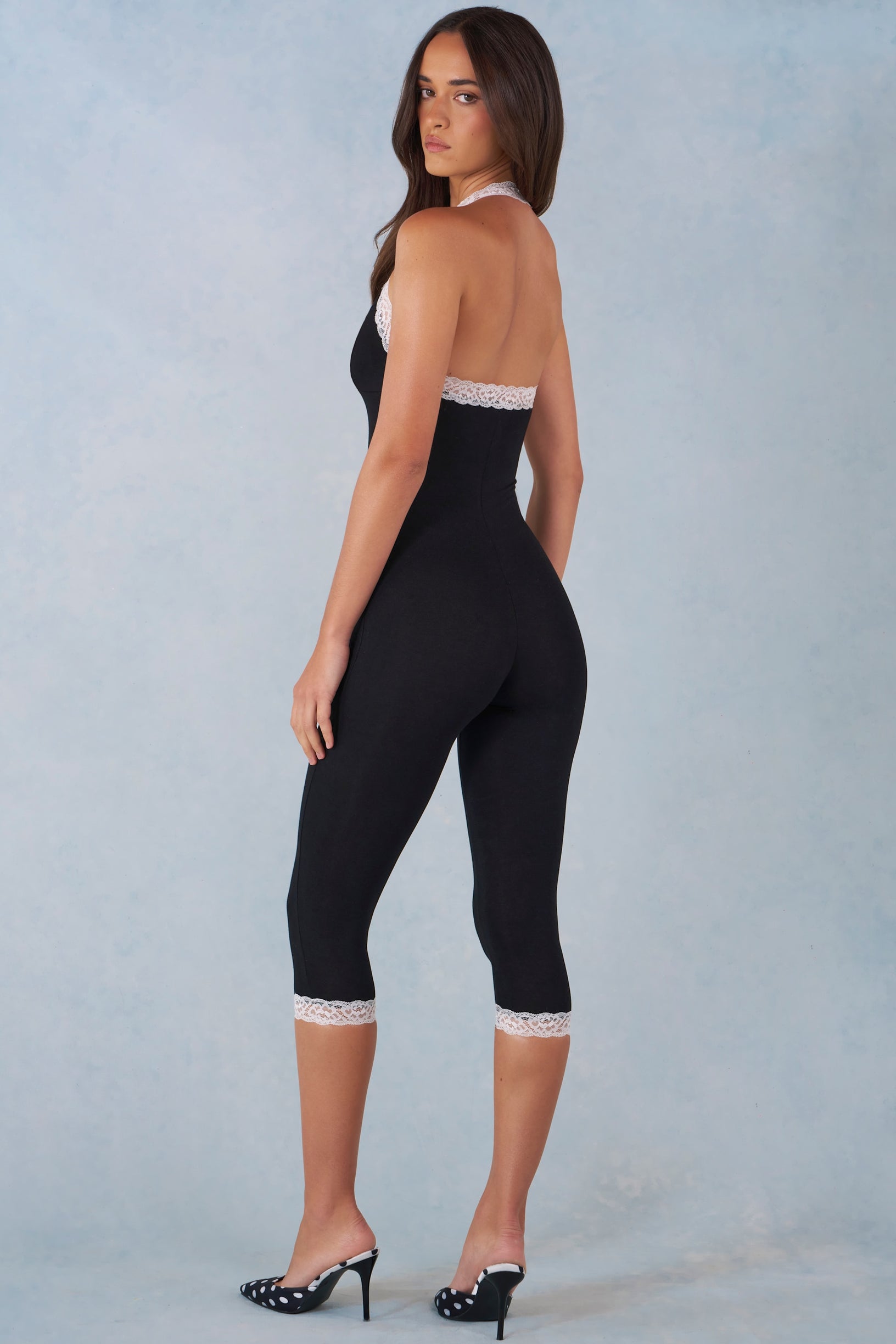 Modal Lace-Trim Capri Jumpsuit  in Black - 2