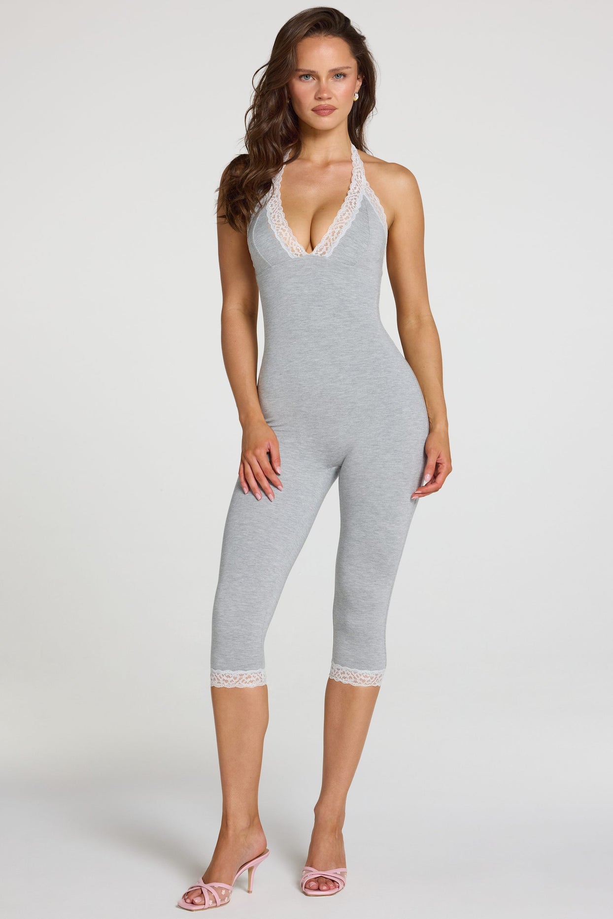 Modal Lace-Trim Capri Jumpsuit in Grey Marl - 5