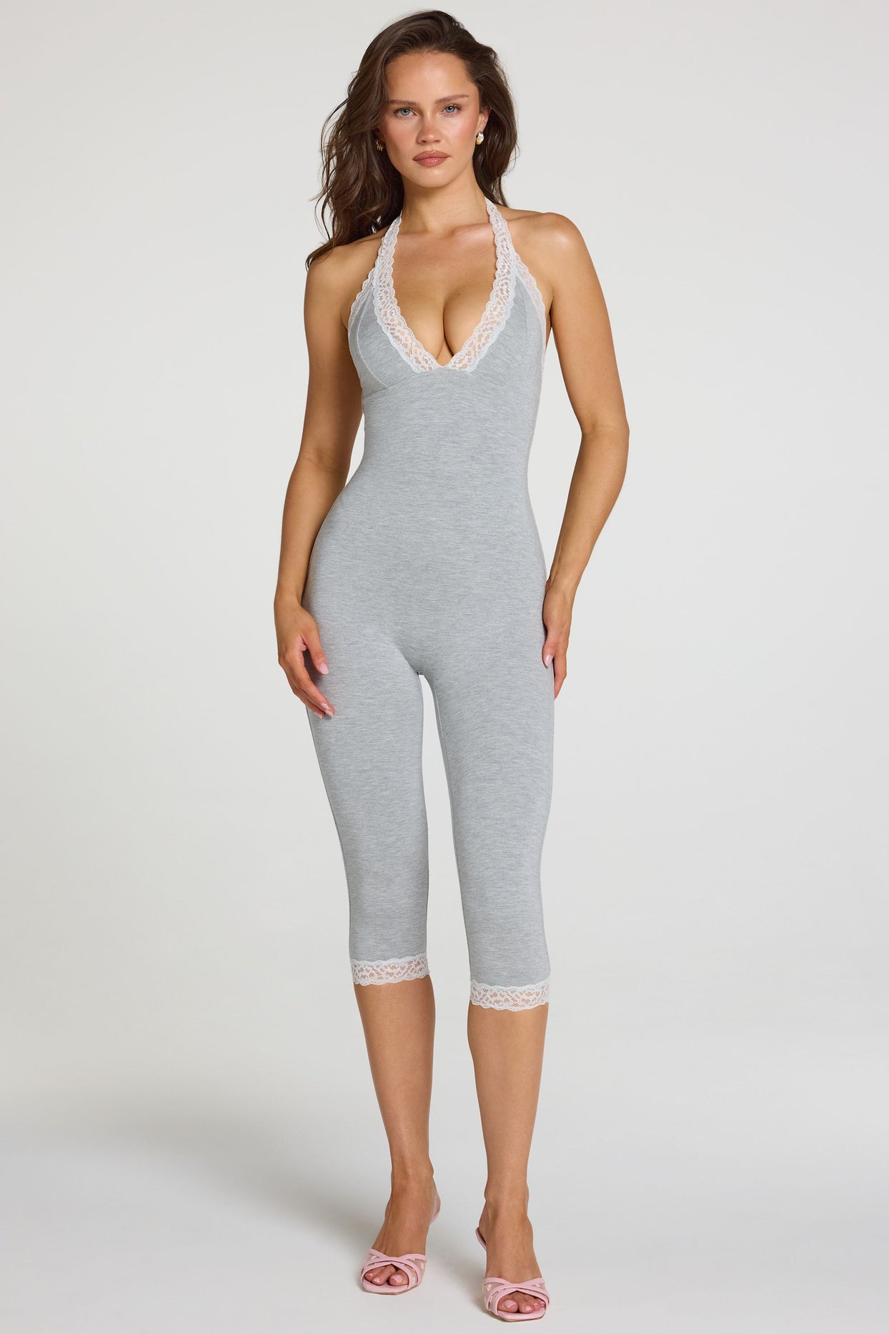 Modal Lace-Trim Capri Jumpsuit in Grey Marl - 7