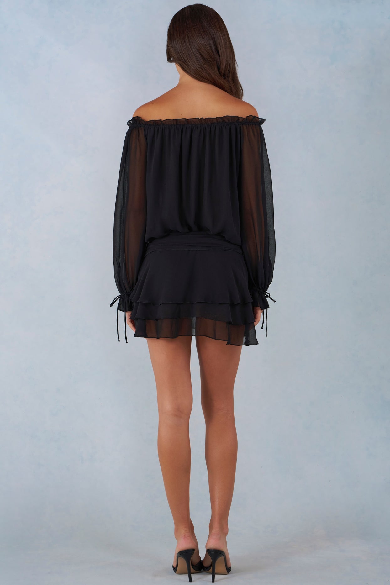 Off-Shoulder Balloon-Sleeve Mini Dress in Black - 5