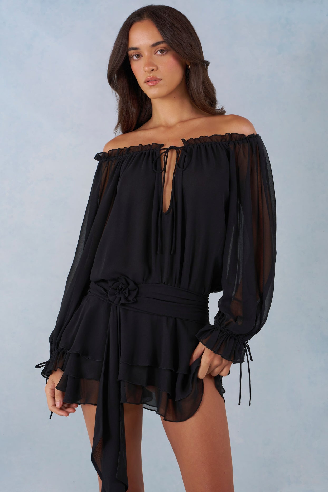 Off-Shoulder Balloon-Sleeve Mini Dress in Black - 8