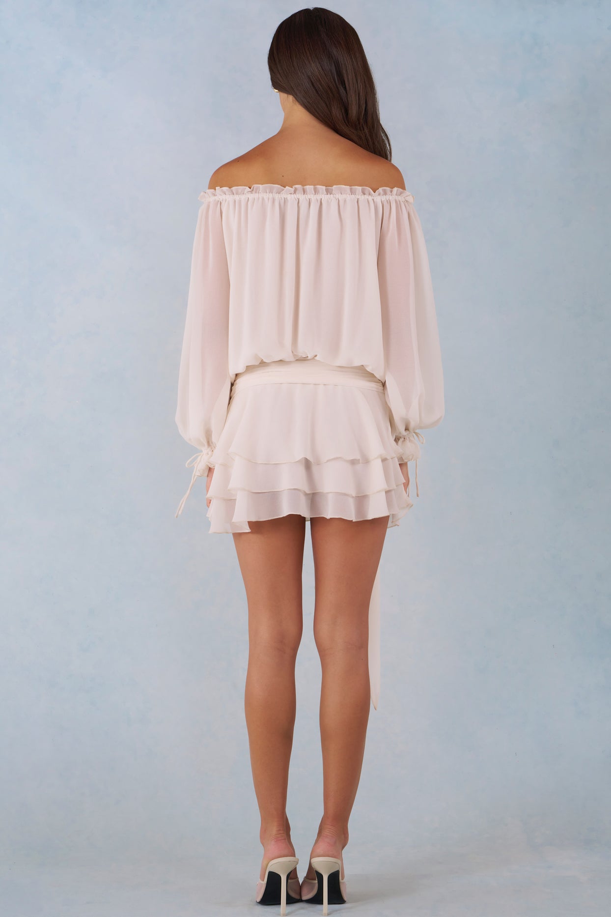 Off-Shoulder Balloon-Sleeve Mini Dress in Ivory - 3