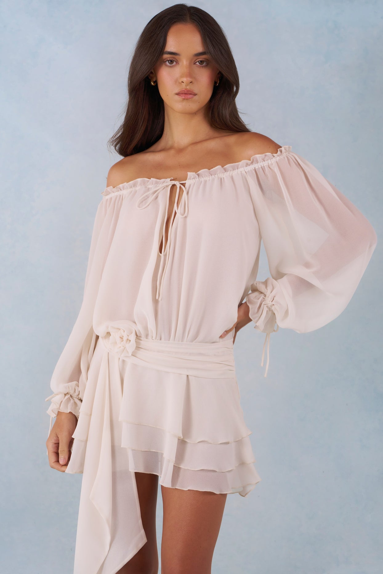 Off-Shoulder Balloon-Sleeve Mini Dress in Ivory - 5