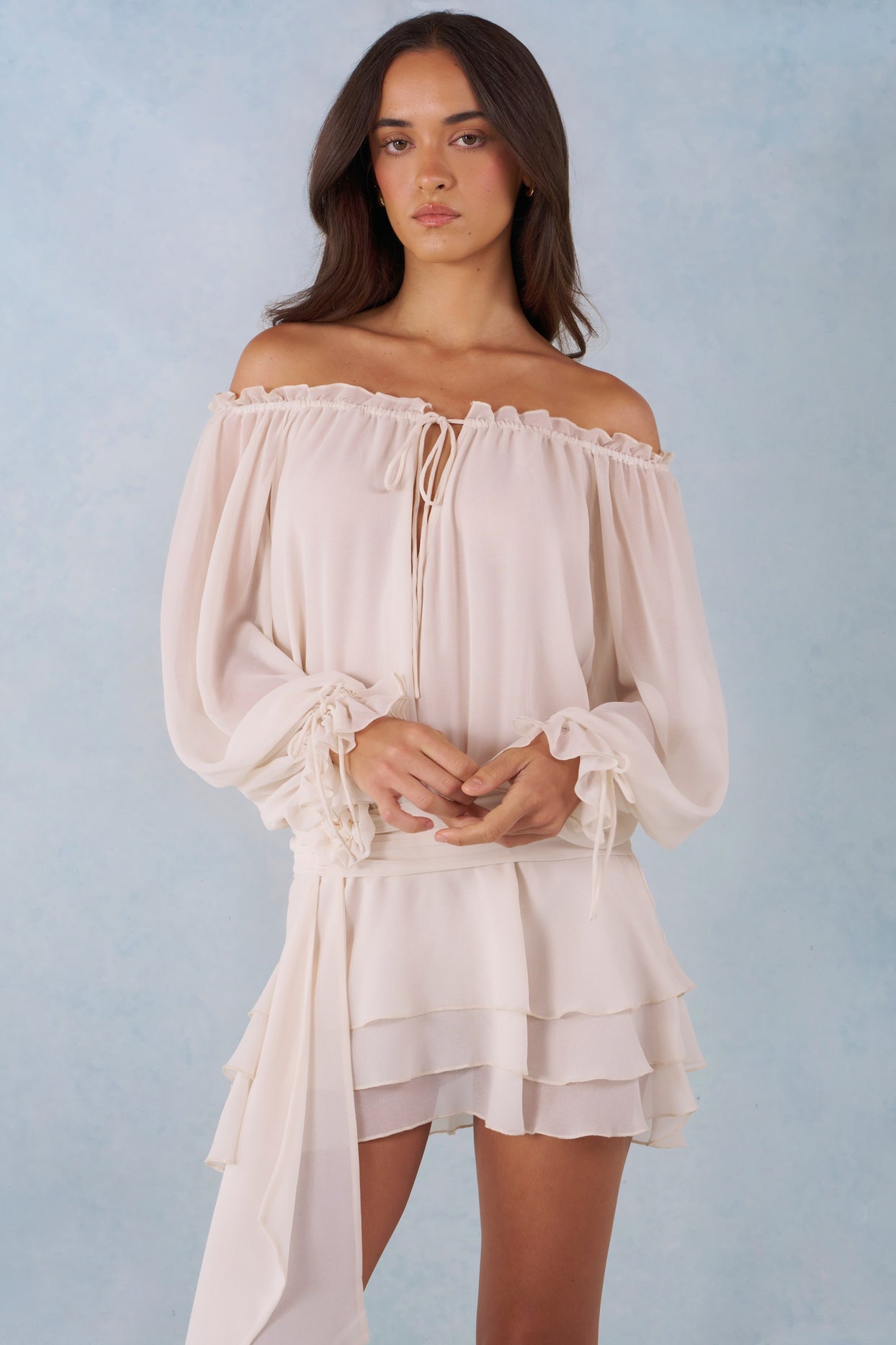 Off-Shoulder Balloon-Sleeve Mini Dress in Ivory - 8