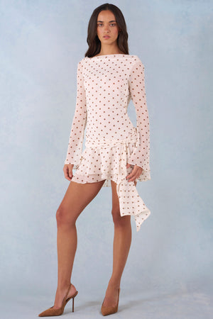 Long-Sleeve Open-Back Mini Dress in Ivory Polka Dot Print