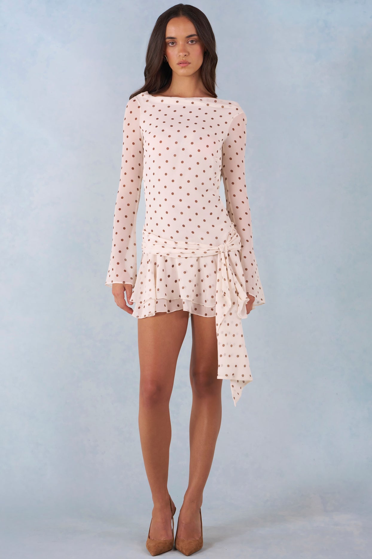 Long-Sleeve Open-Back Mini Dress in Ivory Polka Dot Print - 4