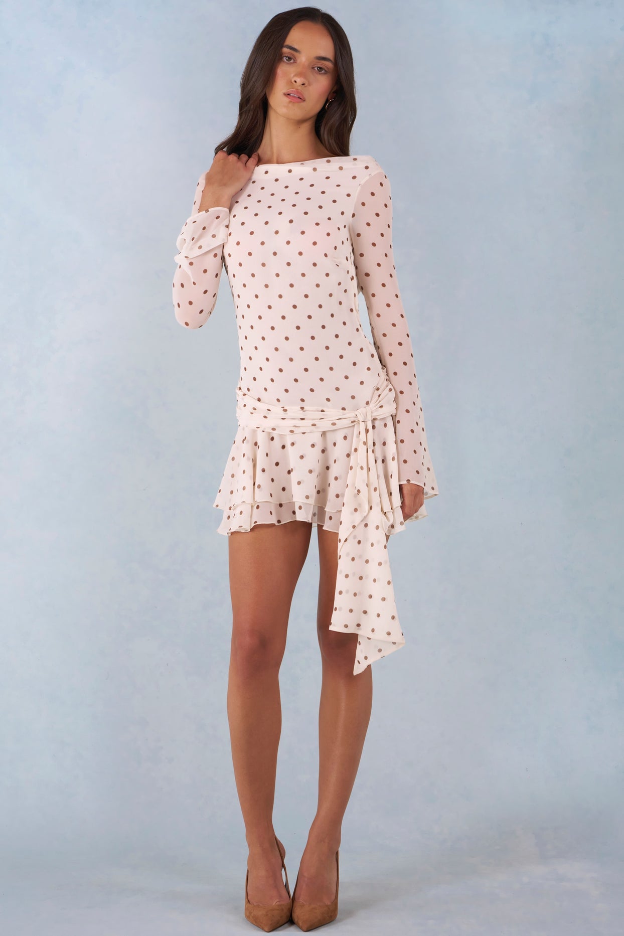 Long-Sleeve Open-Back Mini Dress in Ivory Polka Dot Print - 7