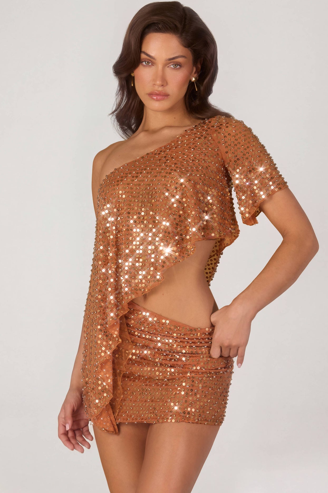 Embellished One-Shoulder Asymmetric Top in Bronze - 10