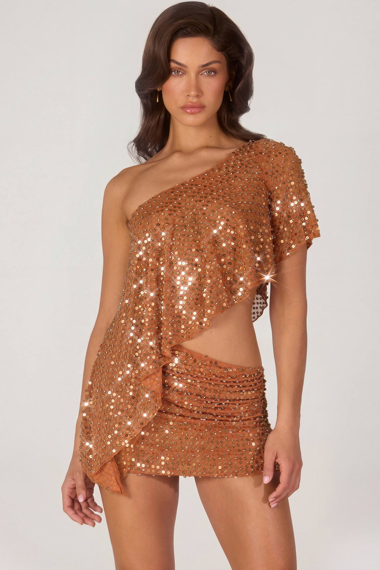 Embellished One-Shoulder Asymmetric Top in Bronze - 1