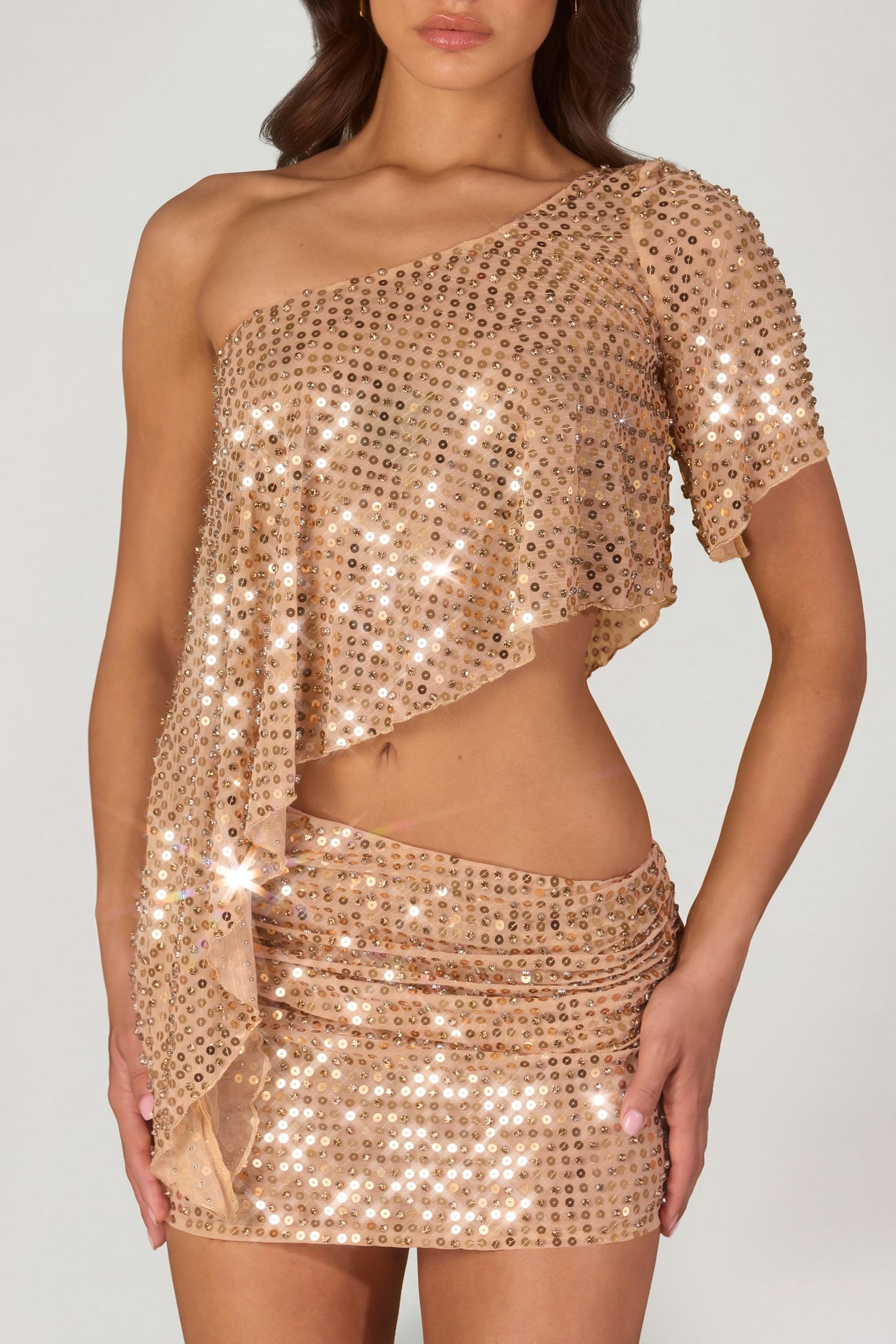 Embellished One-Shoulder Asymmetric Top in Gold - 4