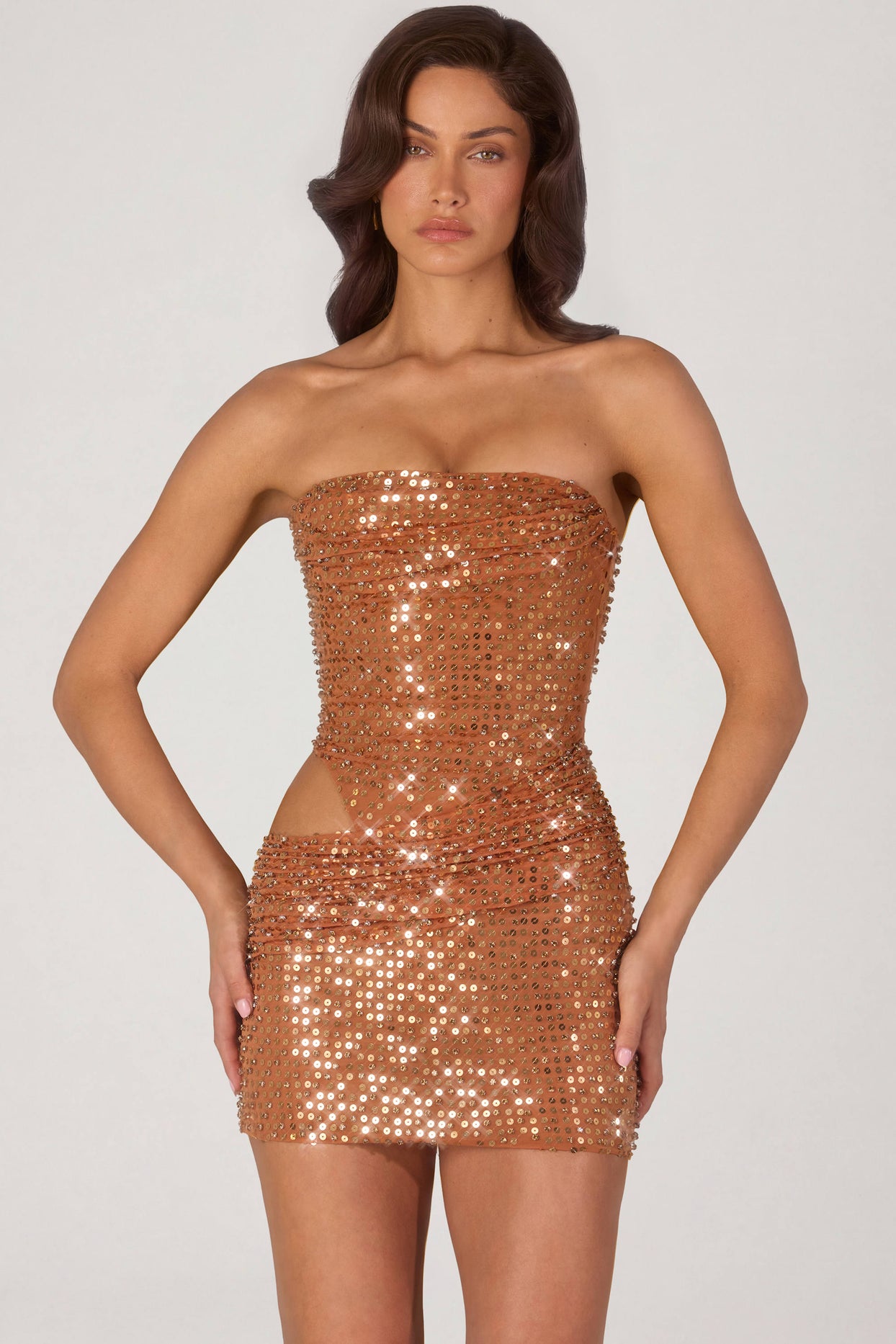Embellished Cut-Out Mini Dress in Bronze - 6