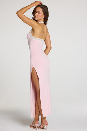 Oh Polly model Georgia wearing the Dahlia Maxi Dress in Baby Pink Modal fabric perfect for spring outings