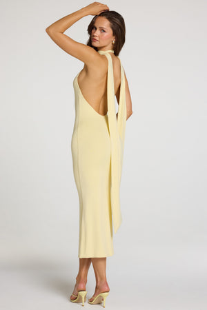 Oh Polly model Georgia wearing the Giselle Maxi Dress in Pastel Yellow Modal fabric perfect for bridal showers