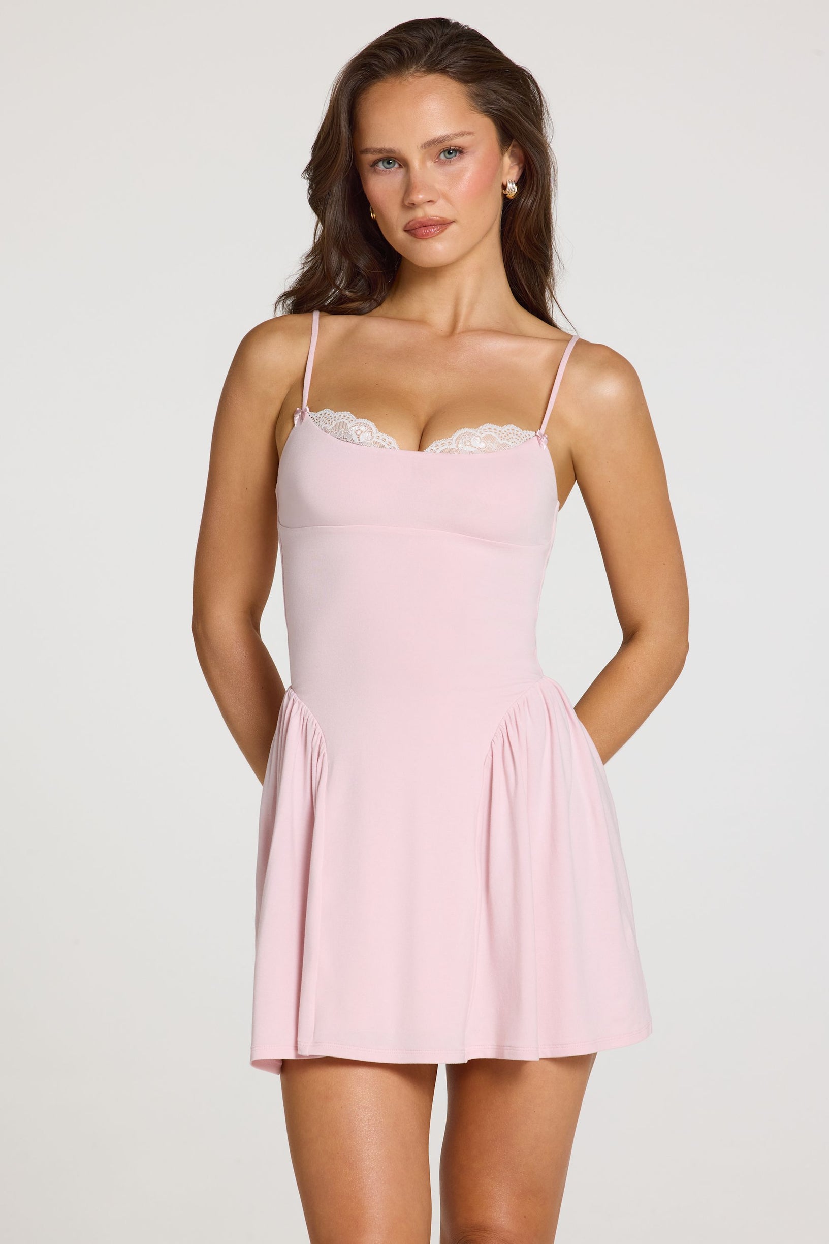 Modal Lace-Trim Mini Dress in Baby Pink - 1