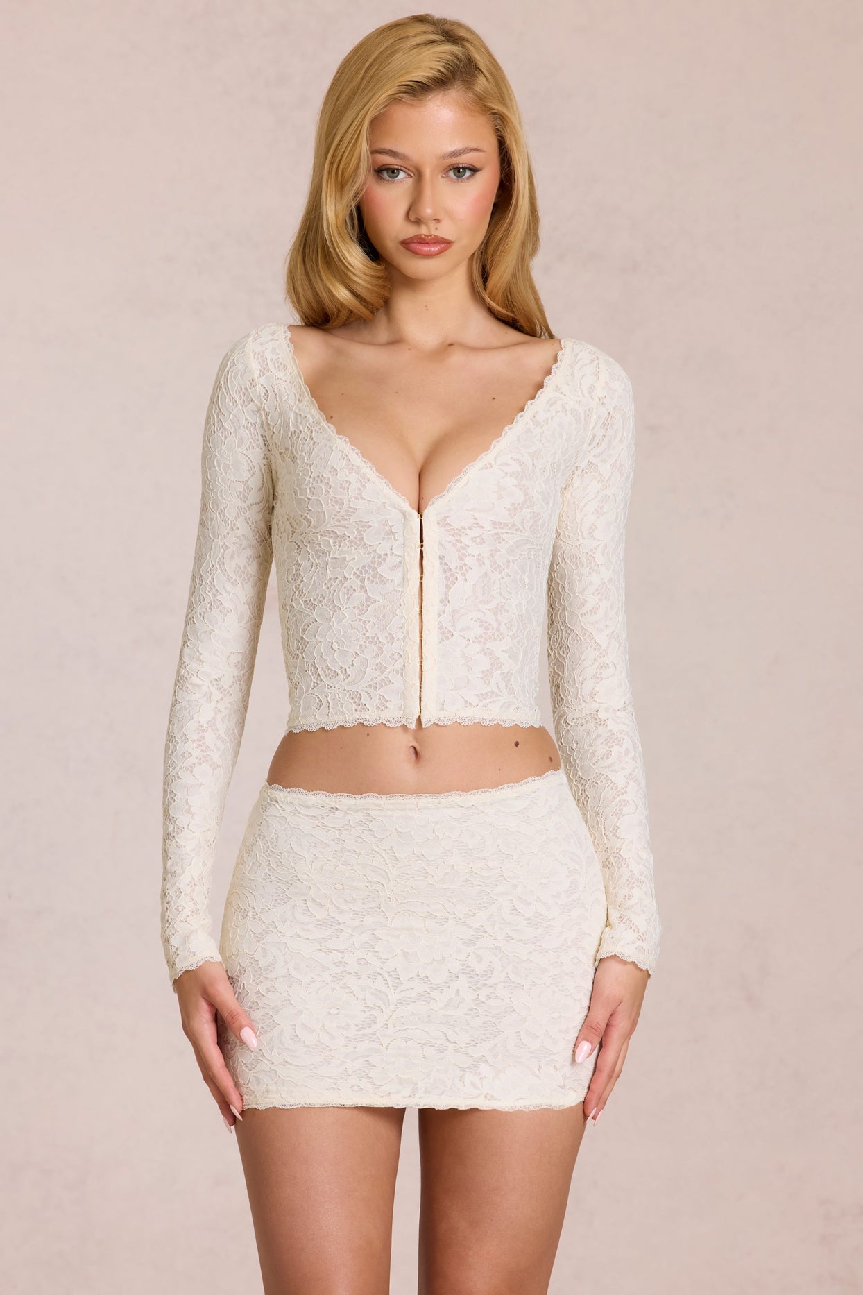 Lace Plunge Cardigan  in Pearl - 5