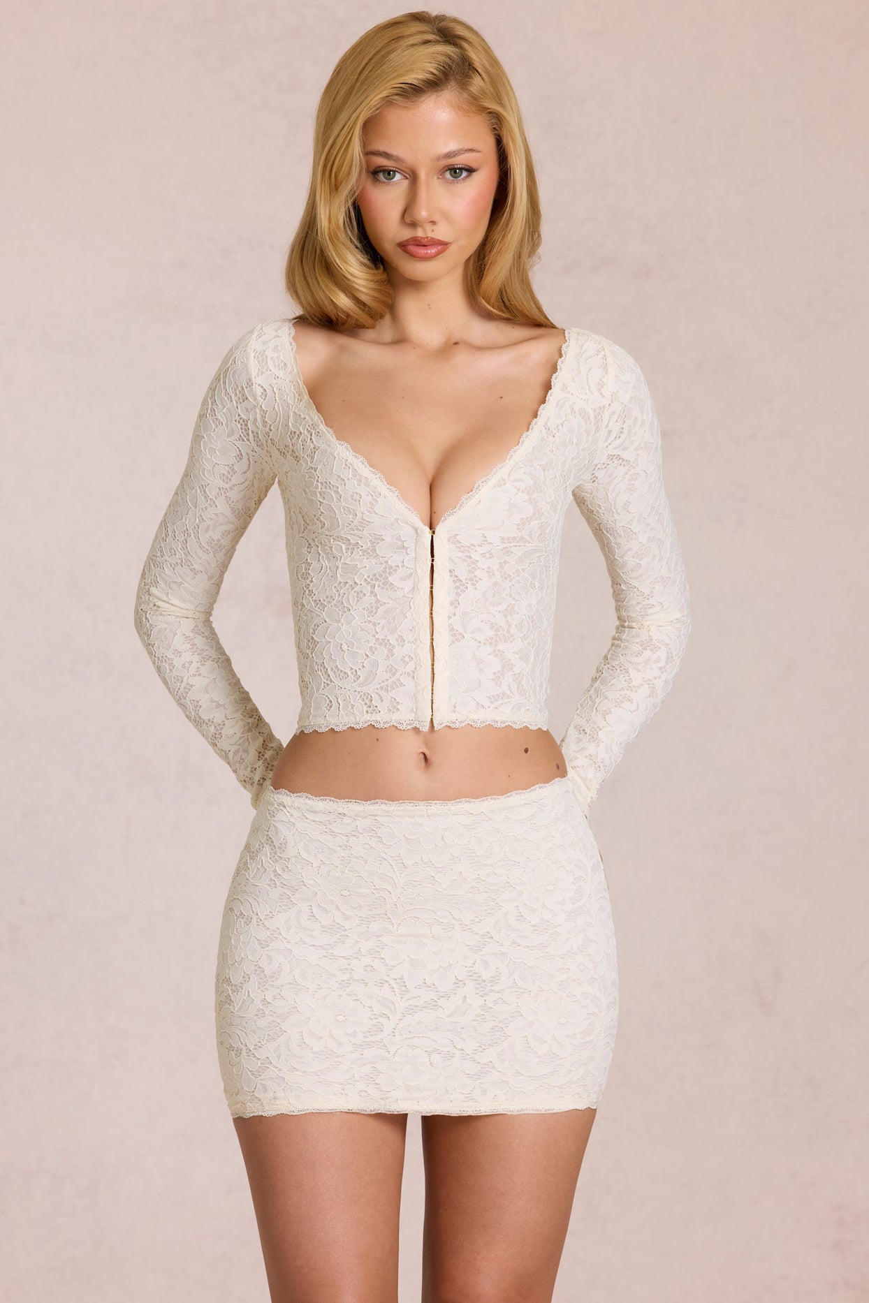Lace Plunge Cardigan  in Pearl - 7