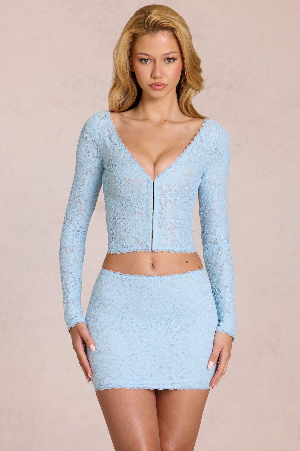 Lace Plunge Cardigan  in Powder Blue - 5