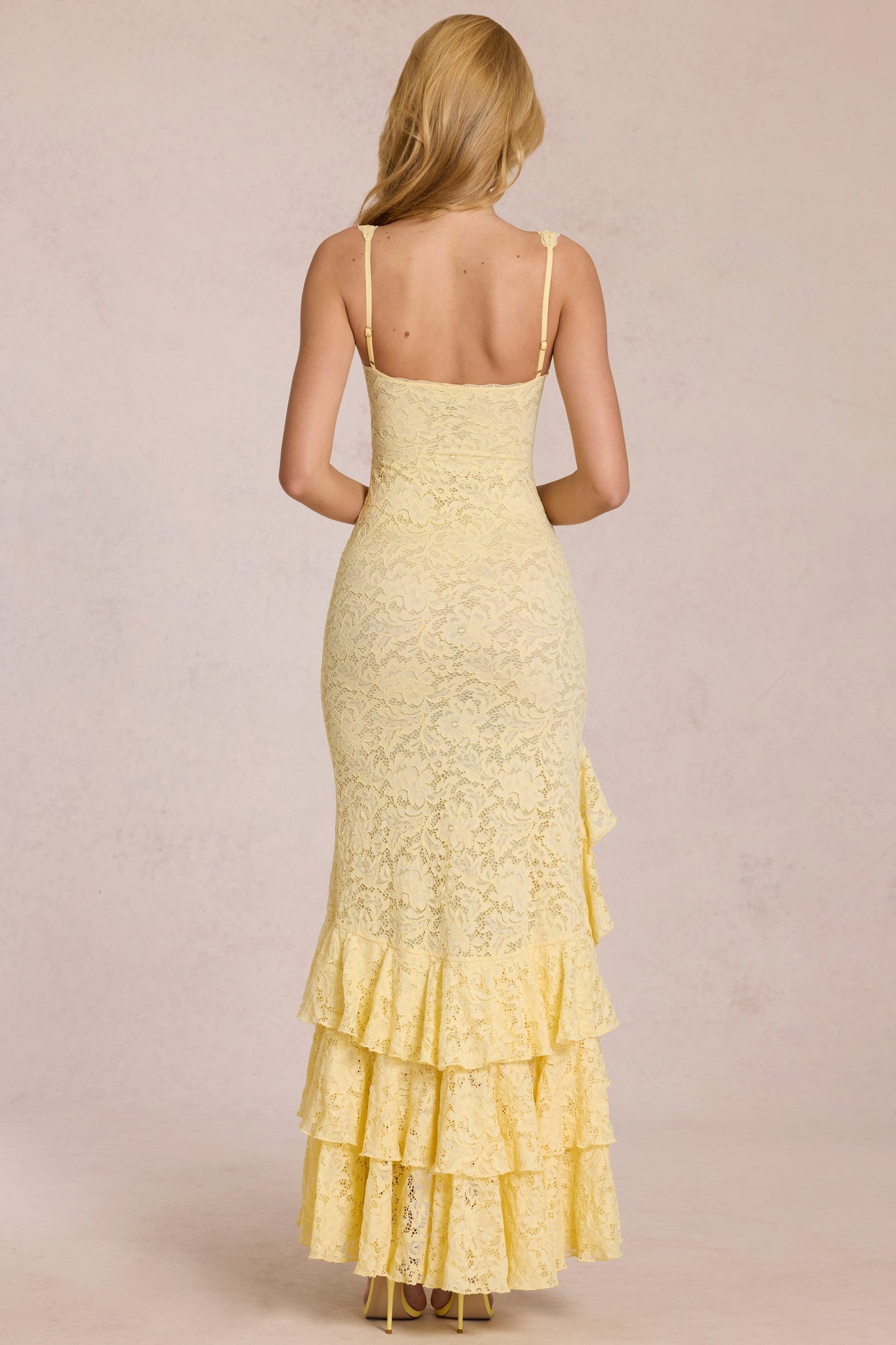 Lace Ruffle Maxi Dress in Lemon Yellow - 6
