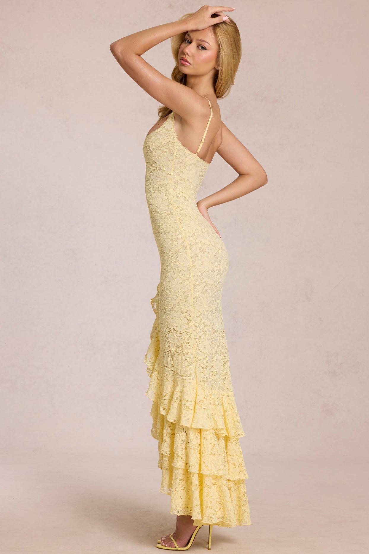 Lace Ruffle Maxi Dress in Lemon Yellow - 7