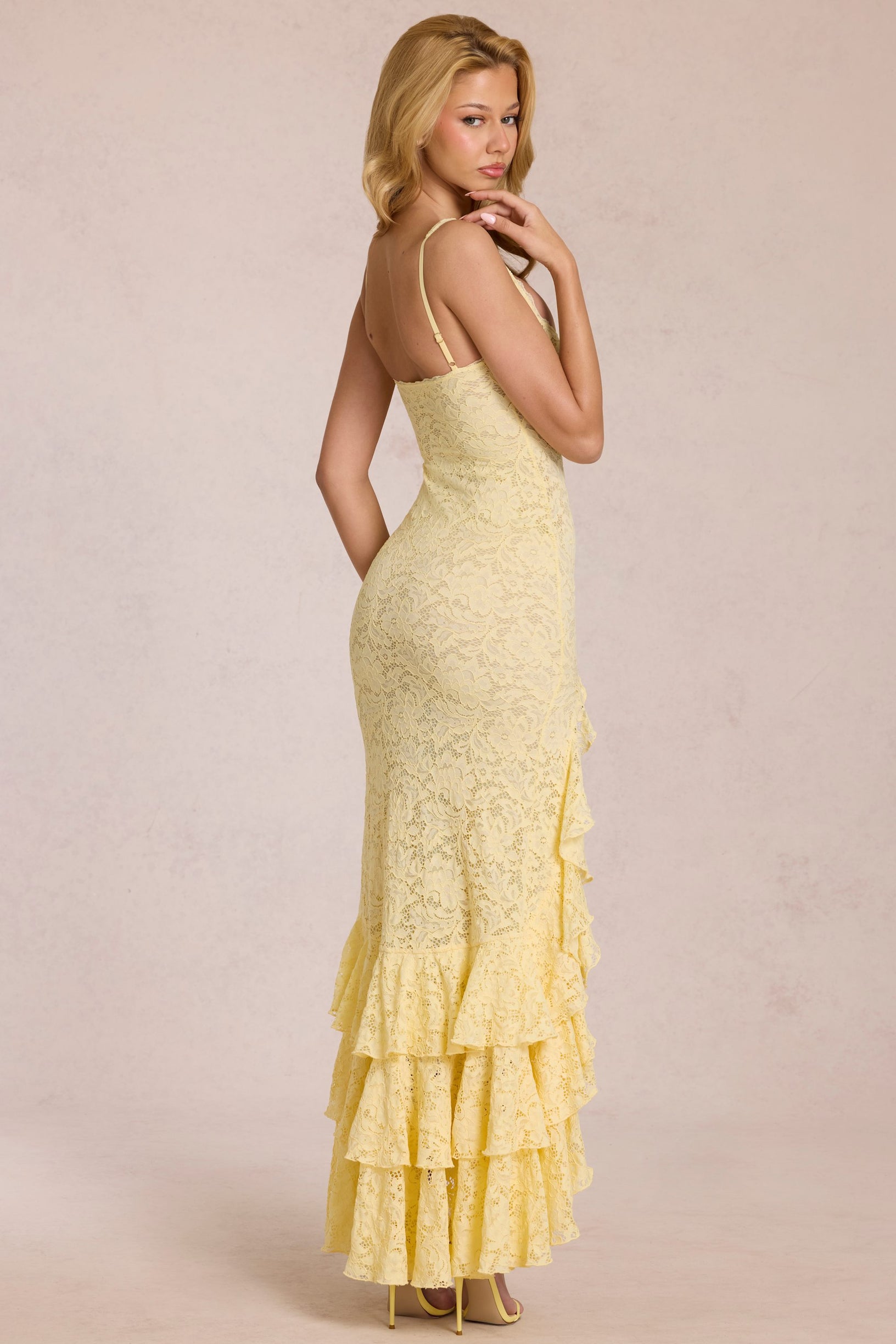 Lace Ruffle Maxi Dress in Lemon Yellow - 2