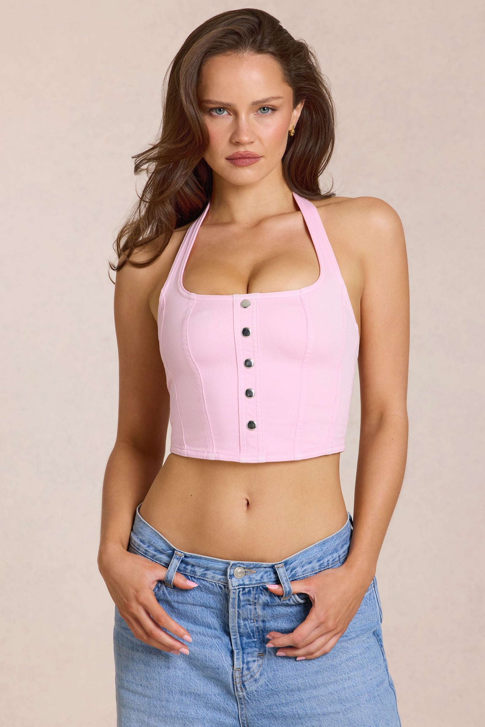 Denim Halterneck Corset Style Top in Blossom Pink - 1
