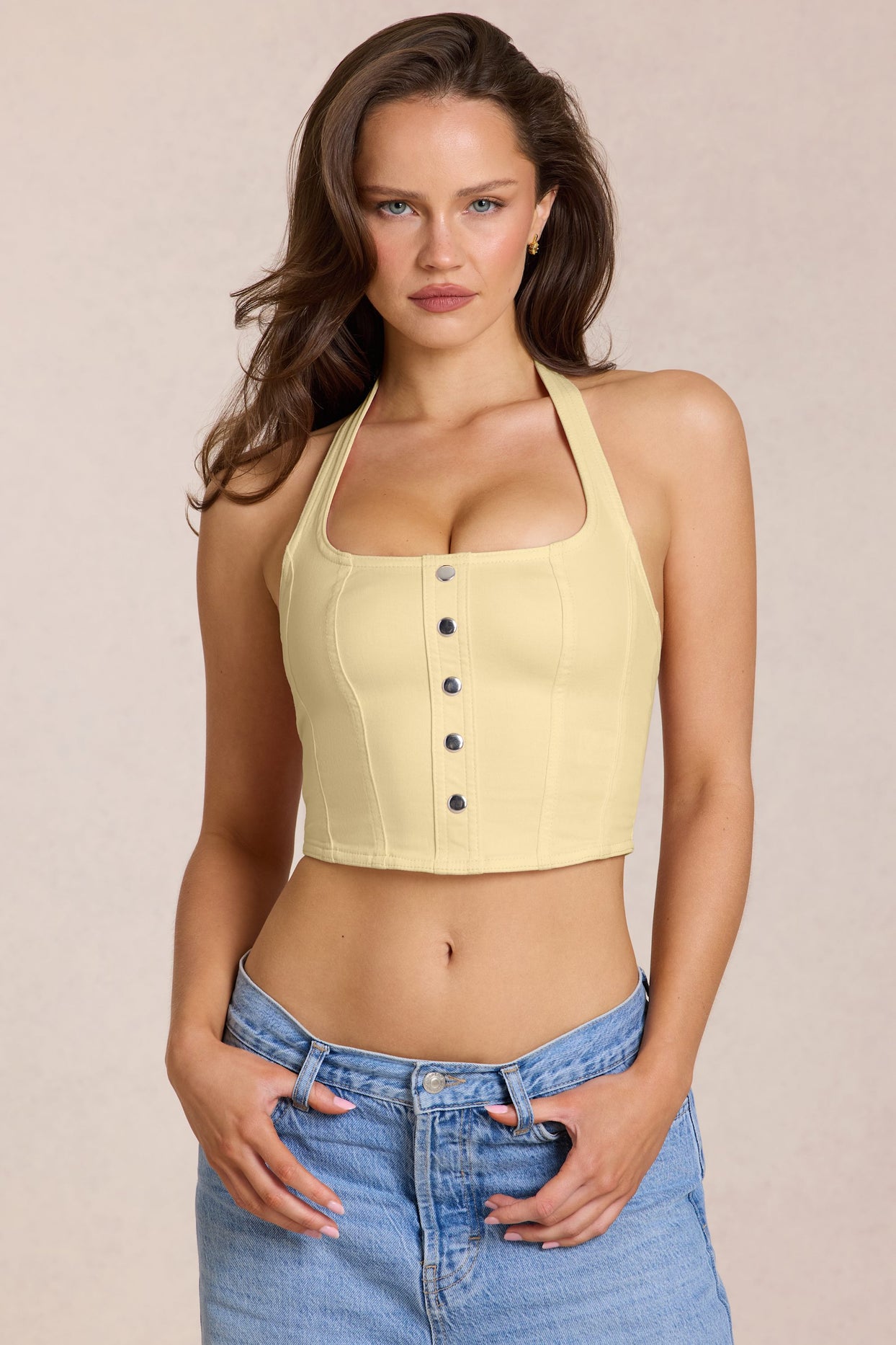 Denim Halterneck Corset Style Top in Lemon Yellow - 1