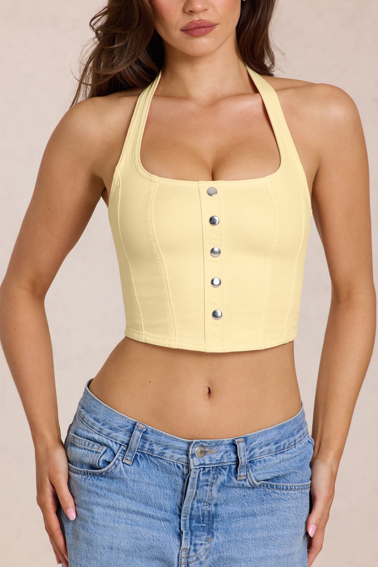 Denim Halterneck Corset Style Top in Lemon Yellow - 4
