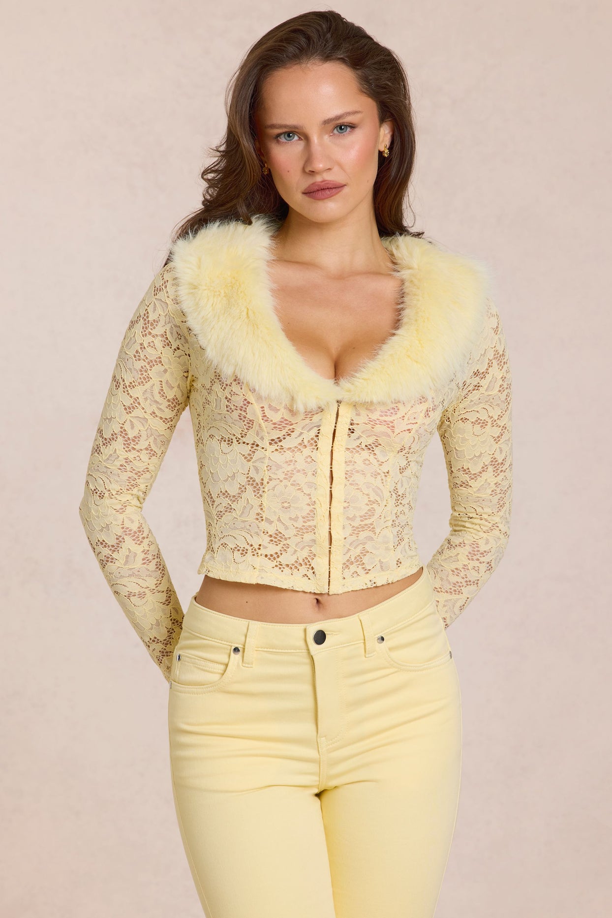 Lace Faux-Fur-Trim Cardigan in Lemon Yellow - 5