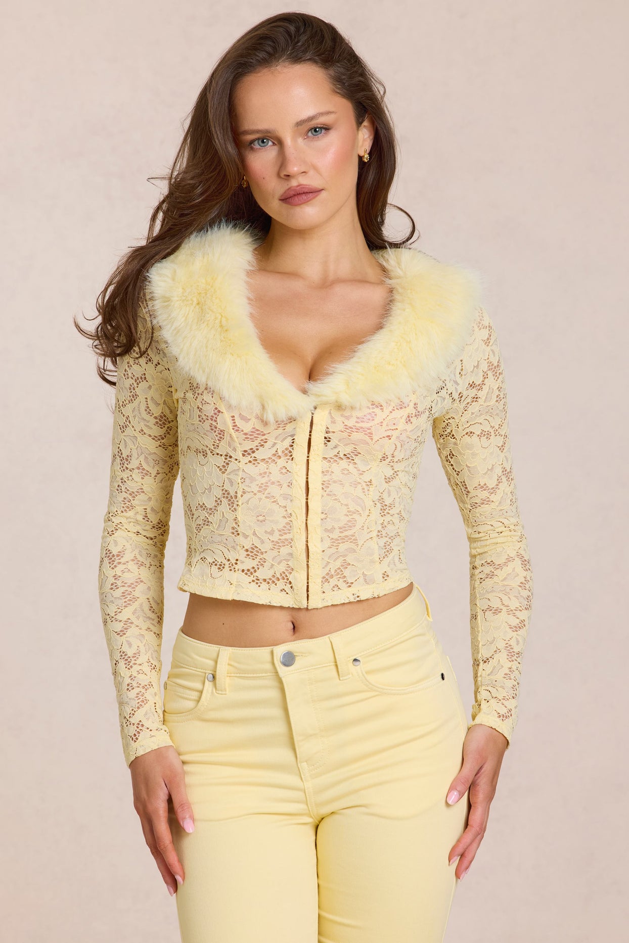 Lace Faux-Fur-Trim Cardigan in Lemon Yellow - 1