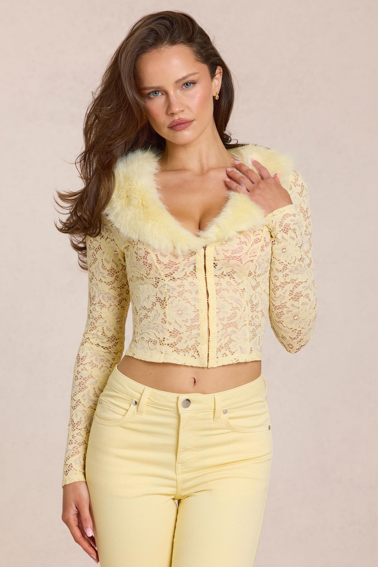 Lace Faux-Fur-Trim Cardigan in Lemon Yellow - 6