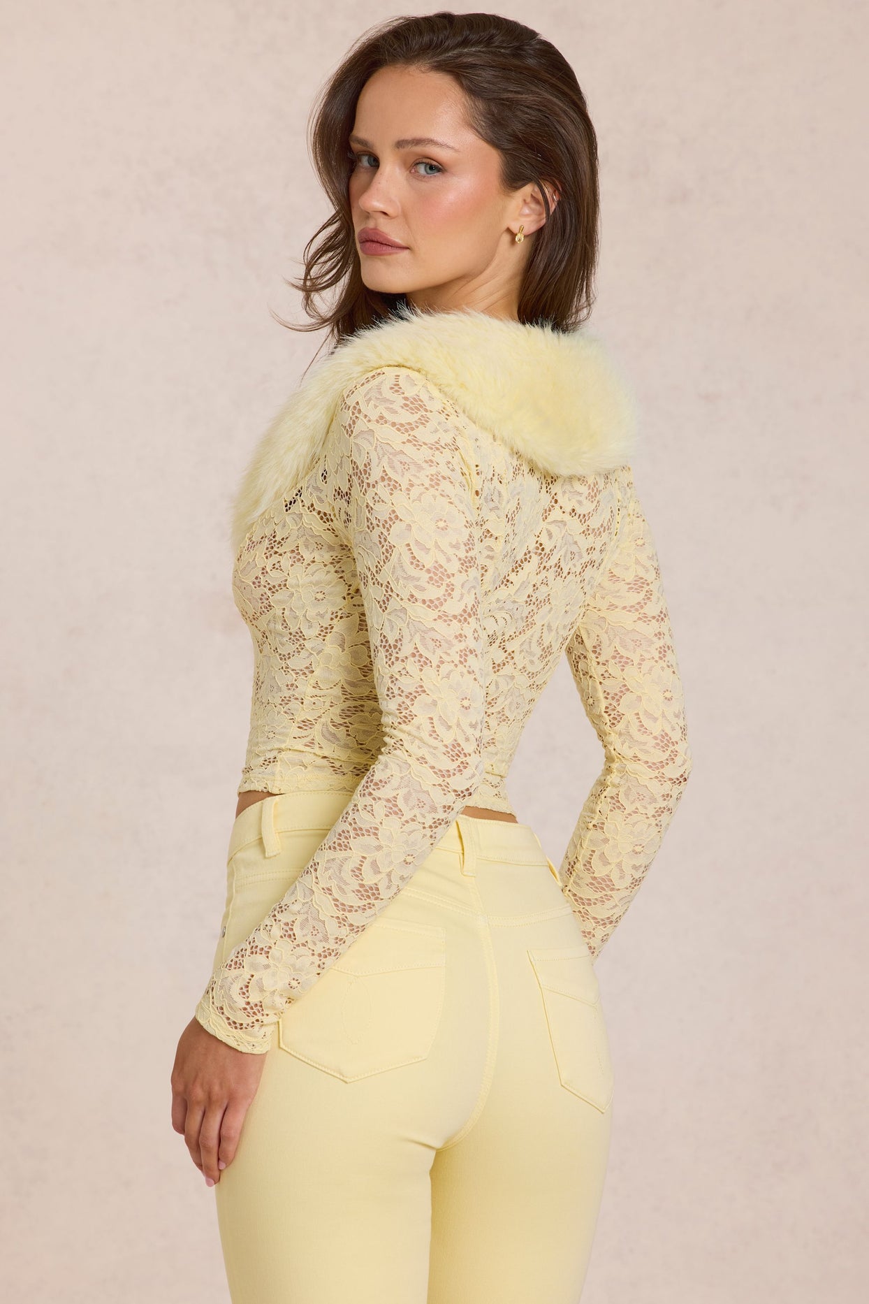 Lace Faux-Fur-Trim Cardigan in Lemon Yellow - 2