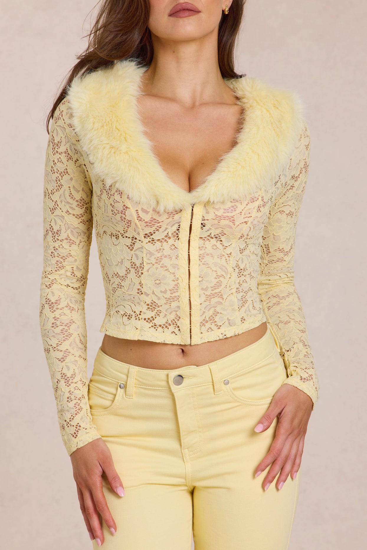 Lace Faux-Fur-Trim Cardigan in Lemon Yellow - 4