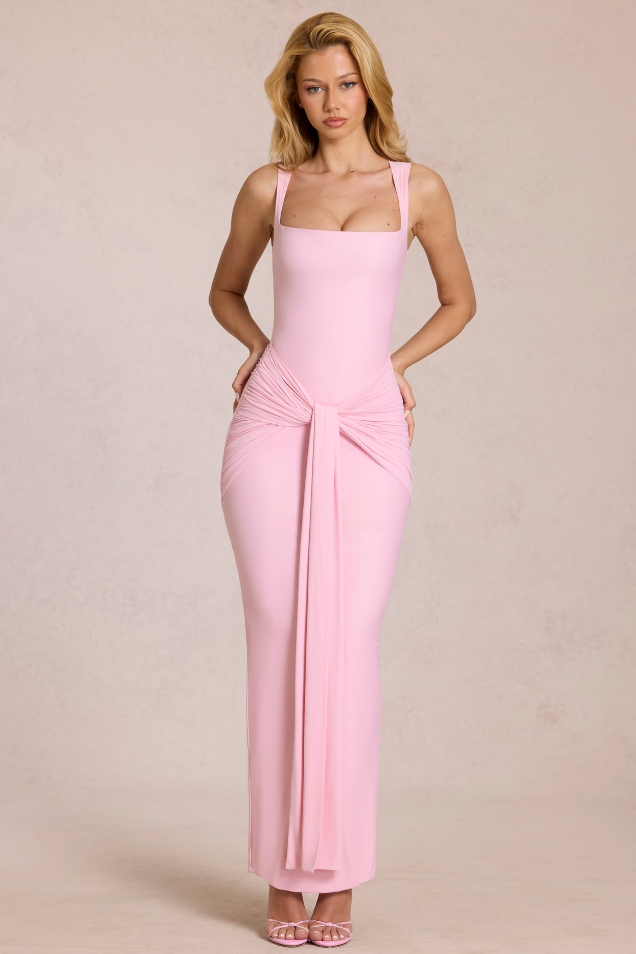 Square-Neck Tie-Gather Maxi Dress in Blossom Pink - 8