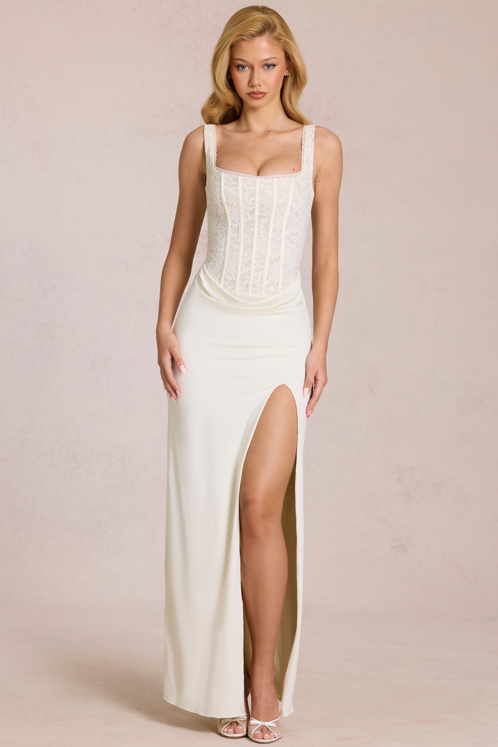 lace-trim midaxi dress in white Lilian Lace Trimming Midaxi Dress in White