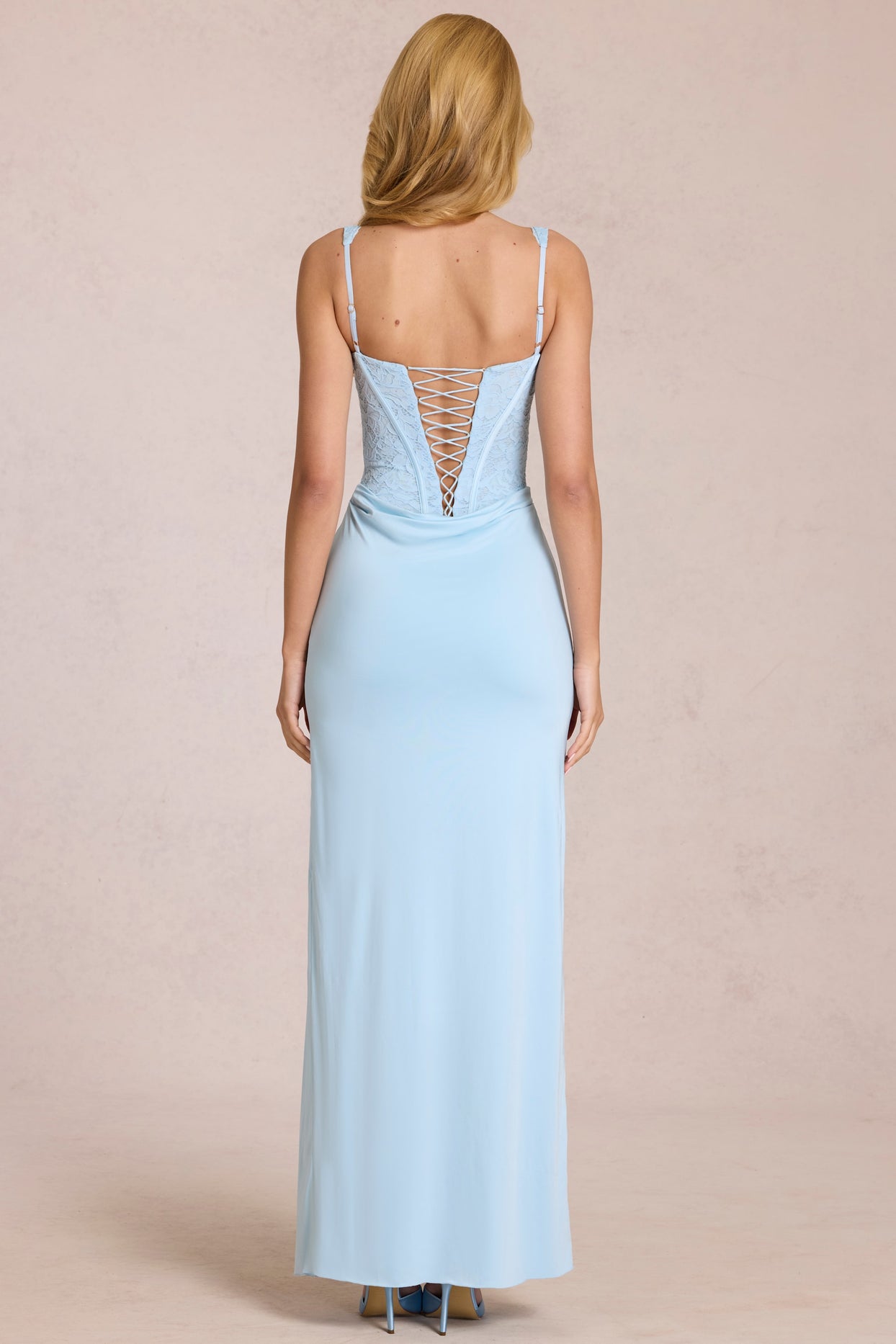 Lace Corset Maxi Dress in Powder Blue - 6