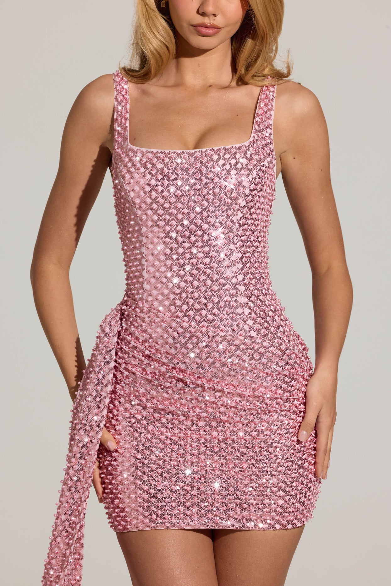 Embellished Draped Mini Dress in Blush Pink - 4