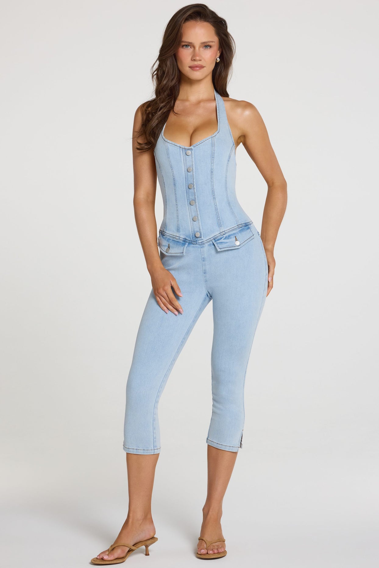 Denim Capri Jumpsuit  in Light Denim - 5