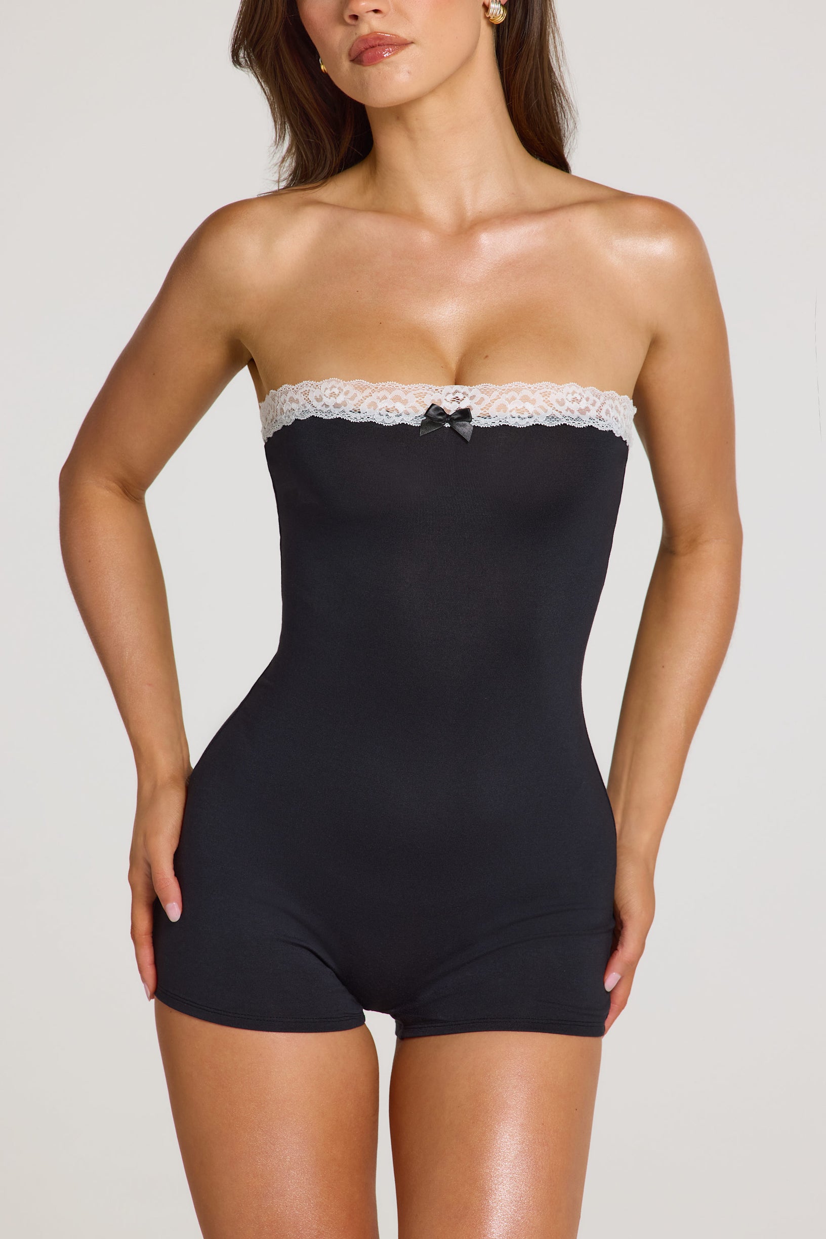 Modal Lace-Trim Playsuit  in Black - 2