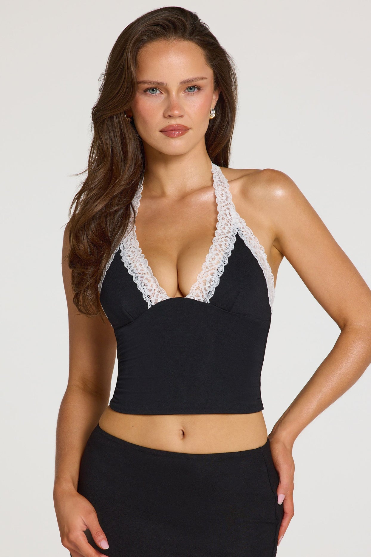 Modal Lace-Trim Halterneck Top in Black - 7