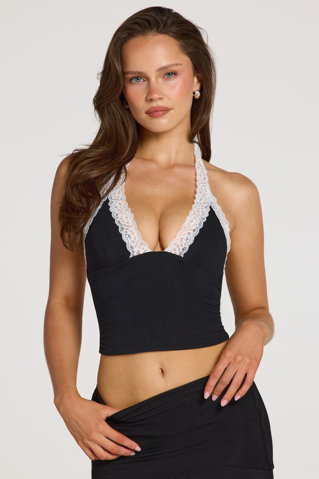 Modal Lace-Trim Halterneck Top in Black - 9
