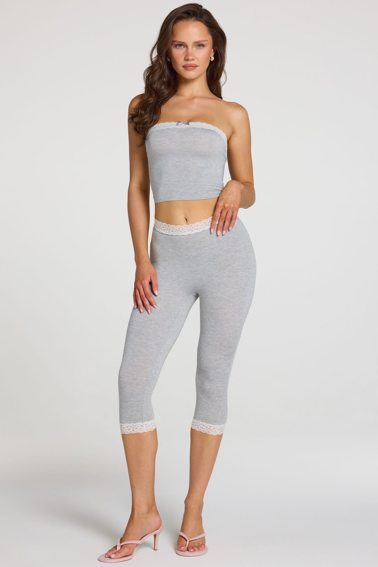 Modal Lace-Trim Mid-Rise Capri Leggings in Grey Marl - 6