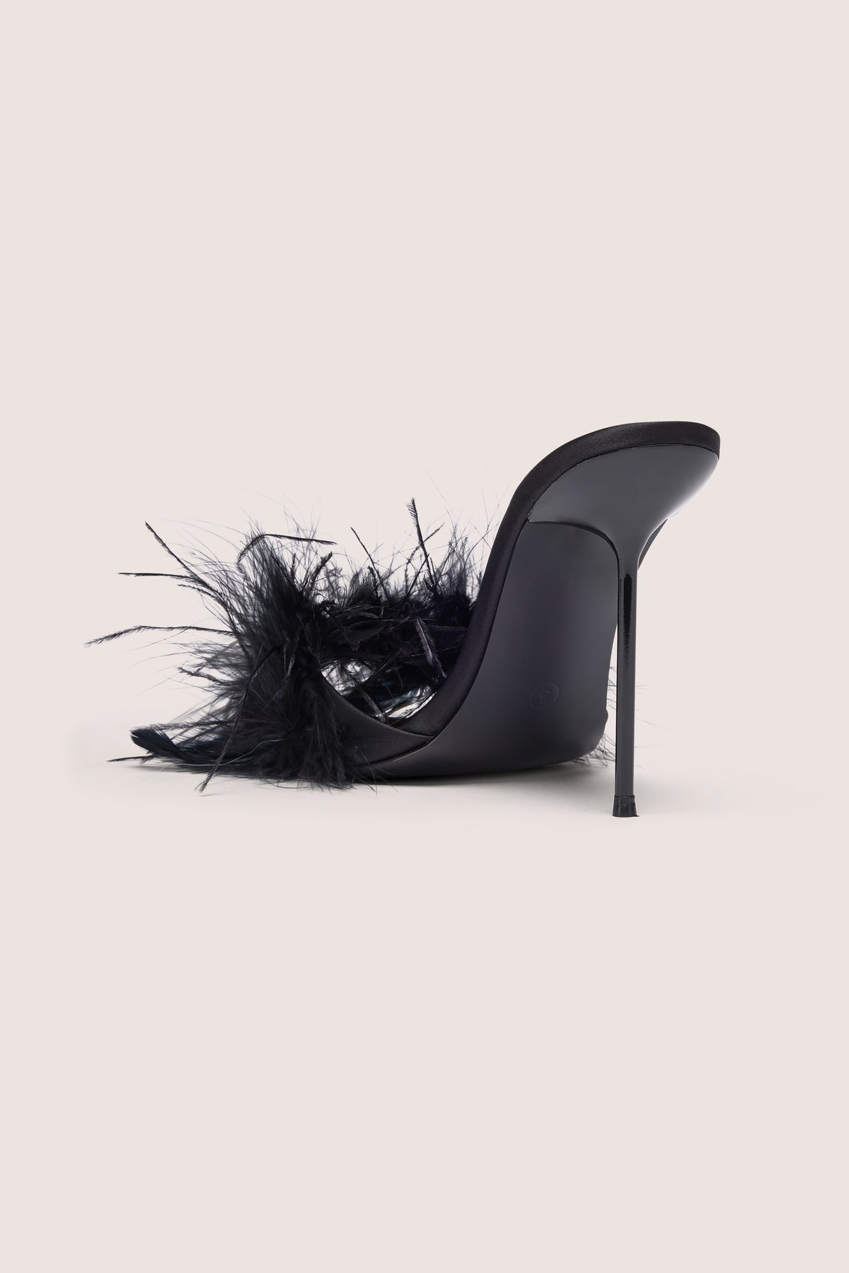 Feathered Satin Heeled Mule in Black - 2