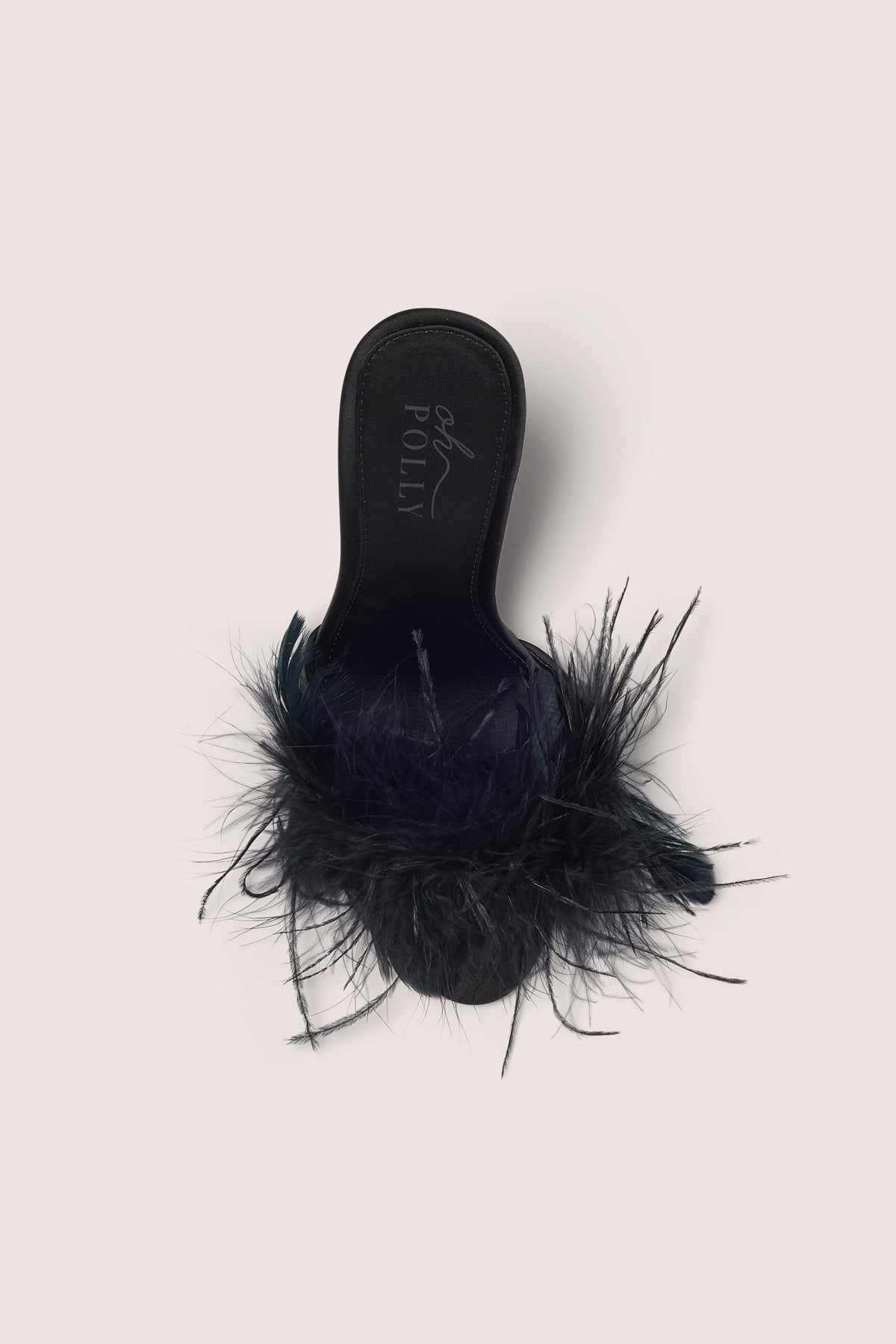 Feathered Satin Heeled Mule in Black